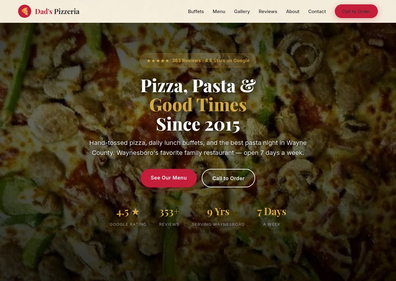 Dad's Pizzeria website screenshot